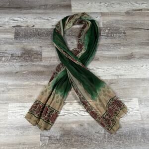 Vintage 70s Indian Floral Block Print Scarf Green Boho Sheer Wrap